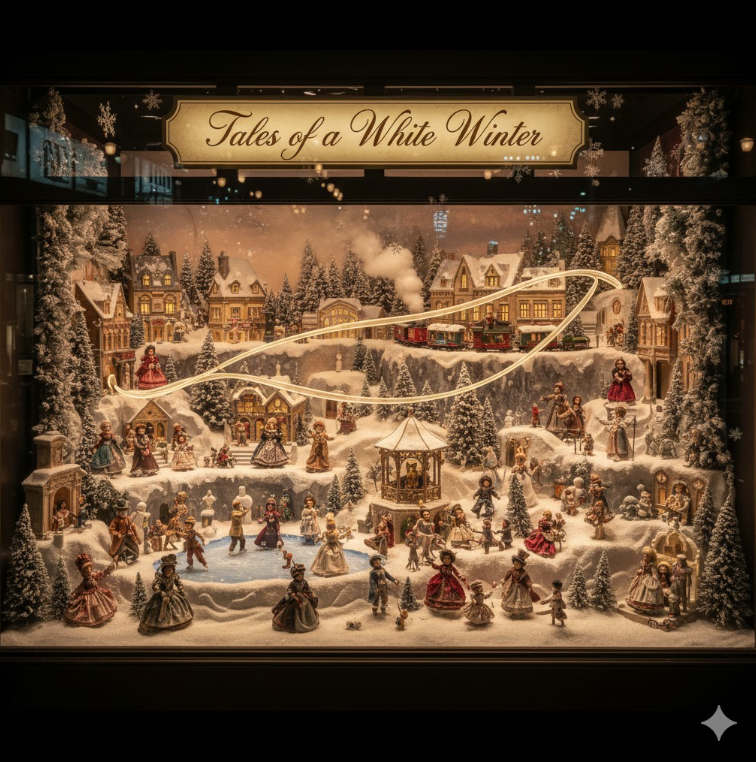 阪急うめだ本店の1階コンコースウィンドー。精巧な人形や冬の風景が広がる、物語性のある豪華なクリスマスディスプレイ。