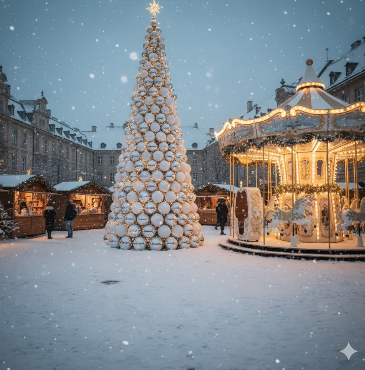 2025年のテーマ「Warmest White Christmas」を象徴する、白いメリーゴーランドと雪が積もったような白いミラーボールツリー。