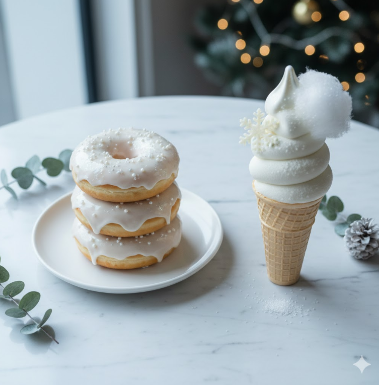 阪急梅田クリスマスマーケット限定の「白いドーナツ」と「ホワイトスノークリスマスソフト」。白を基調としたお洒落なスイーツ。