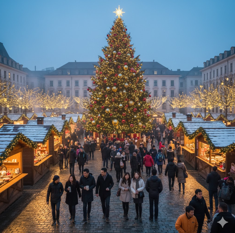 美しいイルミネーションに彩られたクリスマスマーケットの全景。大きなクリスマスツリーと木製のヒュッテ(小屋)が立ち並び、多くの人々で賑わっている様子。