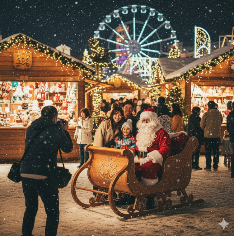 クリスマスマーケットでサンタと記念撮影をする家族