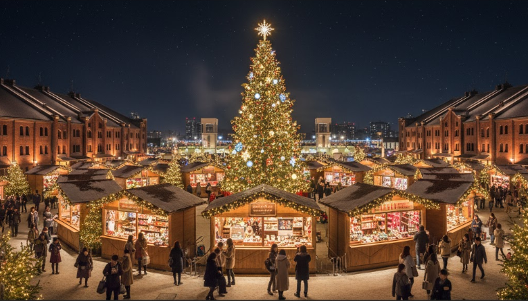 横浜赤レンガ倉庫のクリスマスマーケットの全景。ライトアップされた巨大なクリスマスツリーと、イルミネーションに包まれたドイツ風の木製屋台(ヒュッテ)が並ぶ夜の風景