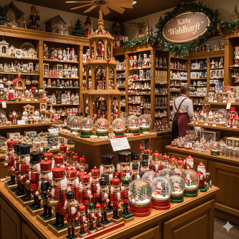 「ケーテ・ウォルファルト」の店に並ぶ、ドイツの本格的なクリスマス雑貨。木製のくるみ割り人形、煙だし人形、スノードームが並ぶ。