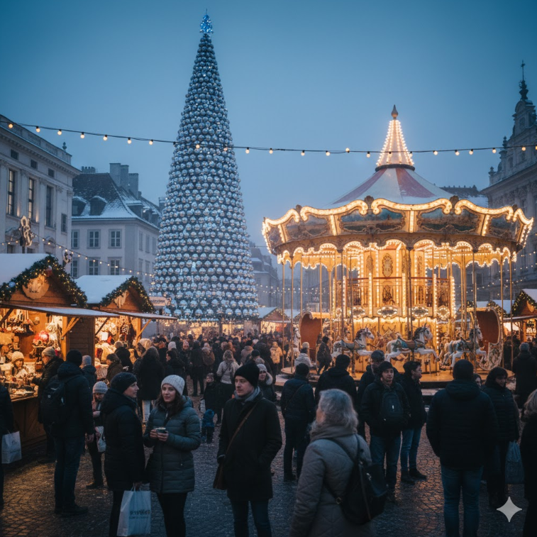 阪急うめだ本店の9階祝祭広場で開催されるクリスマスマーケットの全景。白いミラーボールツリーとメリーゴーランドが輝き、多くの買い物客で賑わう。