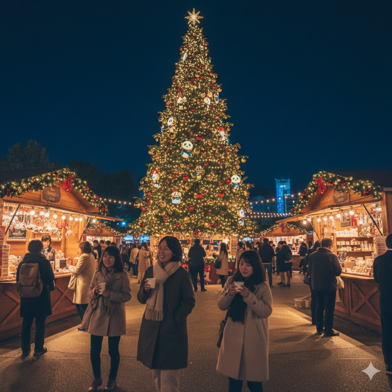 2025年上野クリスマスマーケットの夜景。イルミネーションと大きなクリスマスツリーが輝く会場。