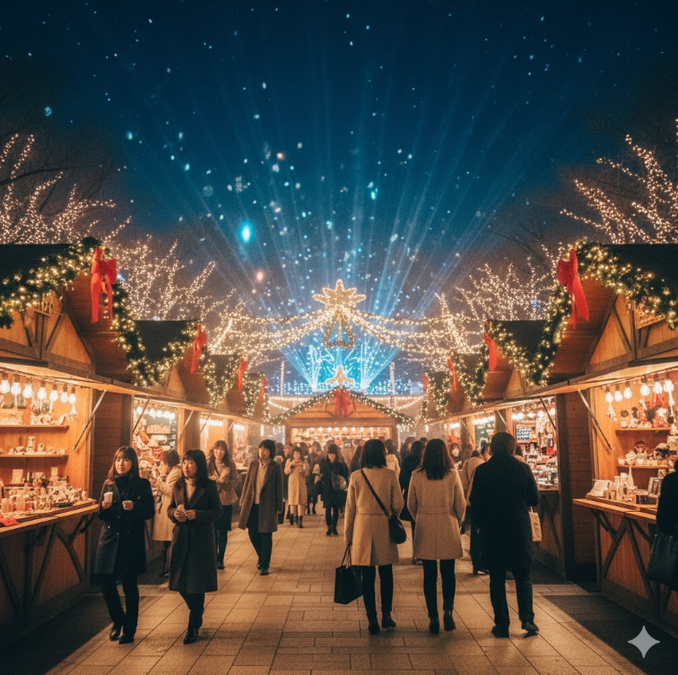 イルミネーションで劇場のようにライトアップされた、幻想的な上野クリスマスマーケットの屋台(ヒュッテ)の風景。