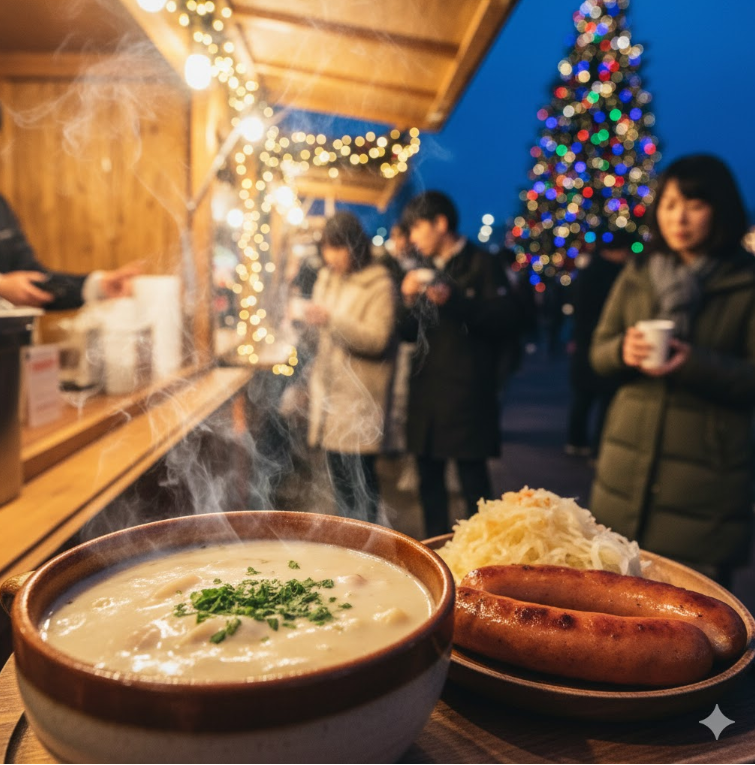 上野クリスマスマーケットで提供される、湯気が立つ熱々のソーセージとシチュー。