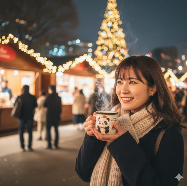 日本人女性が、上野クリスマスマーケットの限定デザインマグカップで温かいグリューワイン(ホットワイン)を楽しんでいる様子。
