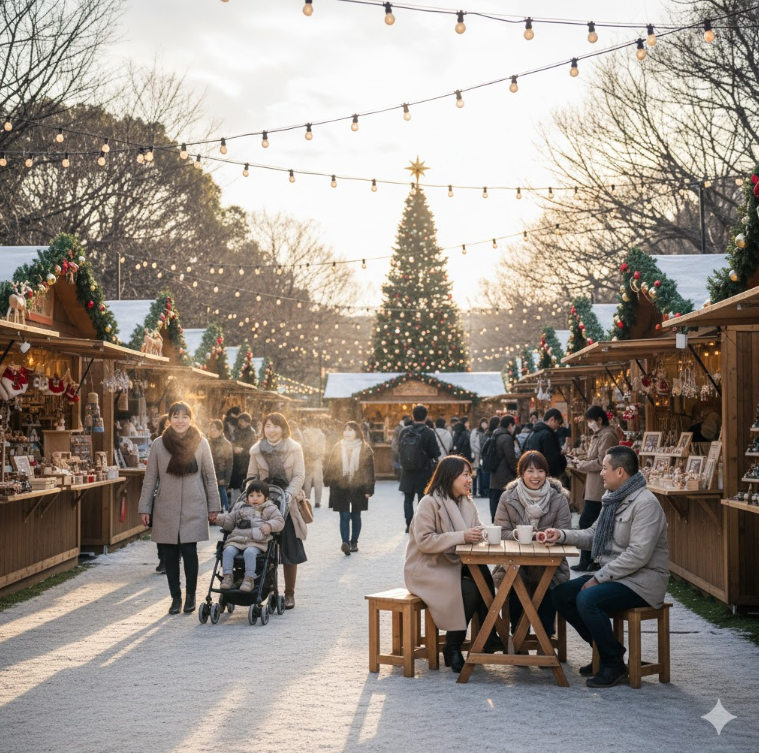 混雑を避けた平日の昼間、上野クリスマスマーケットの会場をリラックスして楽しむ来場者