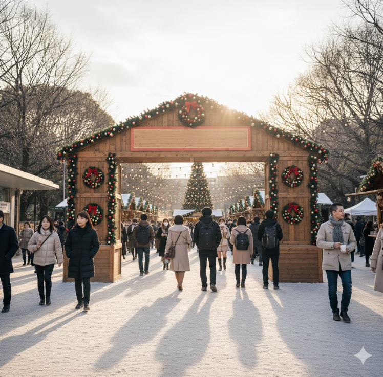 クリスマスマーケットへのアクセスポイントとなる、JR上野駅公園口から見た上野恩賜公園の入口付近の様子。