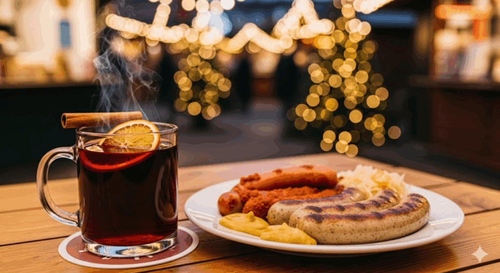 クリスマスマーケットのテーブルに置かれた、温かいグリューワイン(ホットワイン)のマグカップと、本格的なドイツのグリルソーセージ。背景にはクリスマスのイルミネーションがぼんやりと写っている。