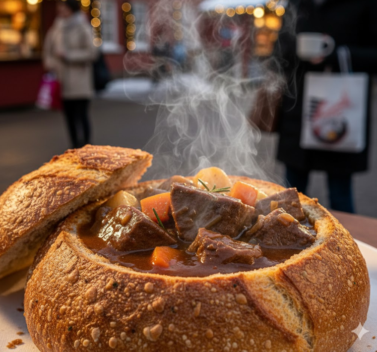 赤レンガ クリスマスマーケットの限定食べ物、パンの器に入った熱々の厚切り牛タンシチューのクローズアップ。湯気が立ち上るシチューと、香ばしいパンの器が食欲をそそる。