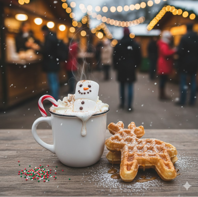 クリスマスマーケットで提供される、雪だるまのマシュマロが乗った可愛いホットチョコレート。マグカップの横には、トナカイの形をしたクリスマスワッフルが添えられている。