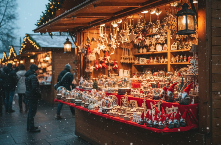 ドイツから直輸入されたクリスマス雑貨が並ぶ屋台(ヒュッテ)の様子。精巧な作りのスノードームや、木製のオーナメント、デンマークの妖精「ノルディカニッセ」の人形が暖かな光に照らされている。