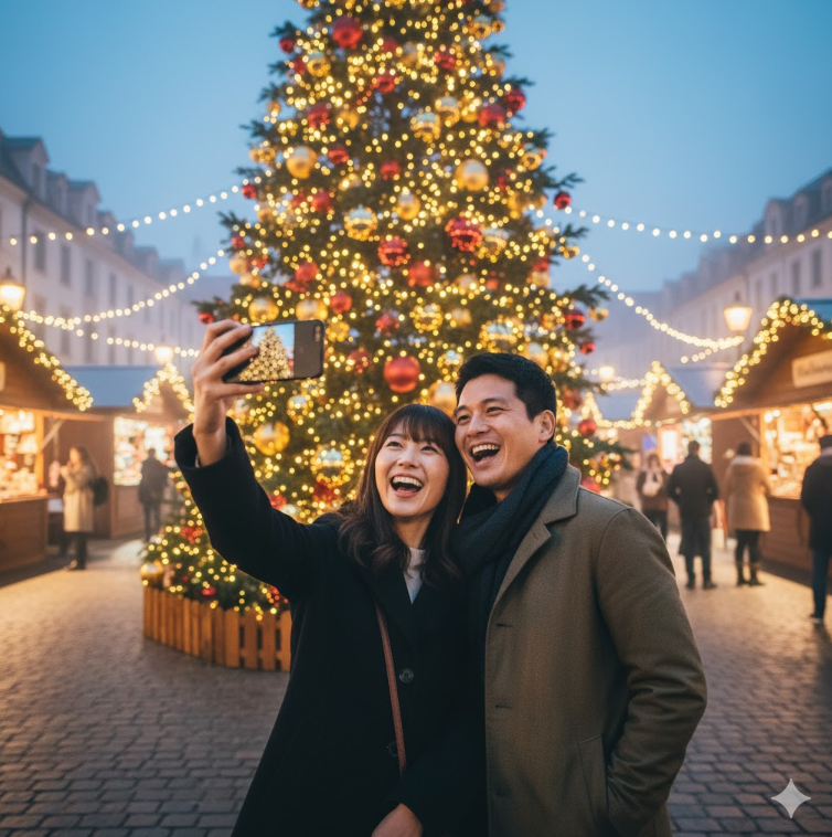 大きなクリスマスツリーを背景に、楽しそうにスマートフォンで自撮りをする若い日本人カップル。周囲はロマンチックなイルミネーションで輝いている。