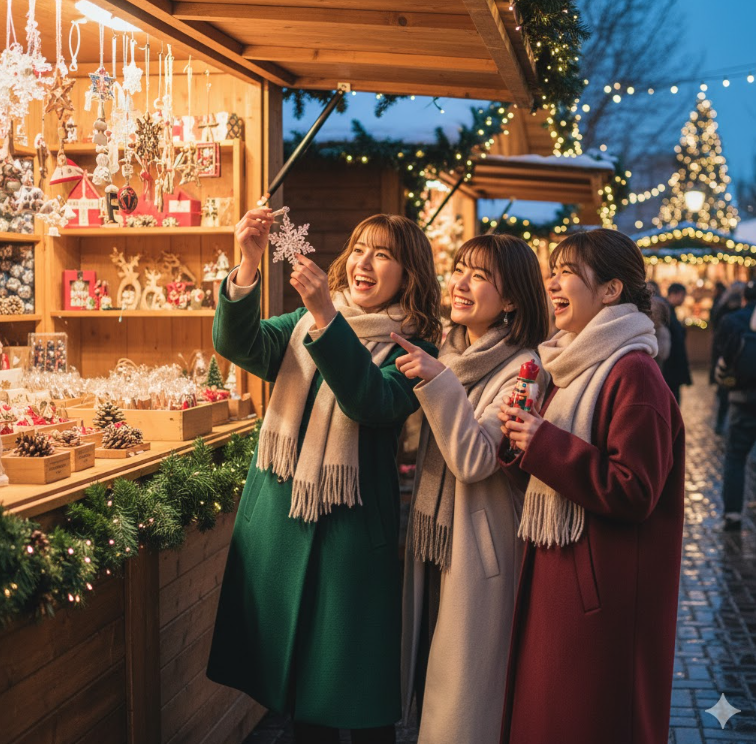 クリスマス雑貨のヒュッテ(小屋)の前で、可愛いオーナメントを手に取りながら笑顔で会話する3人の日本人女性グループ。