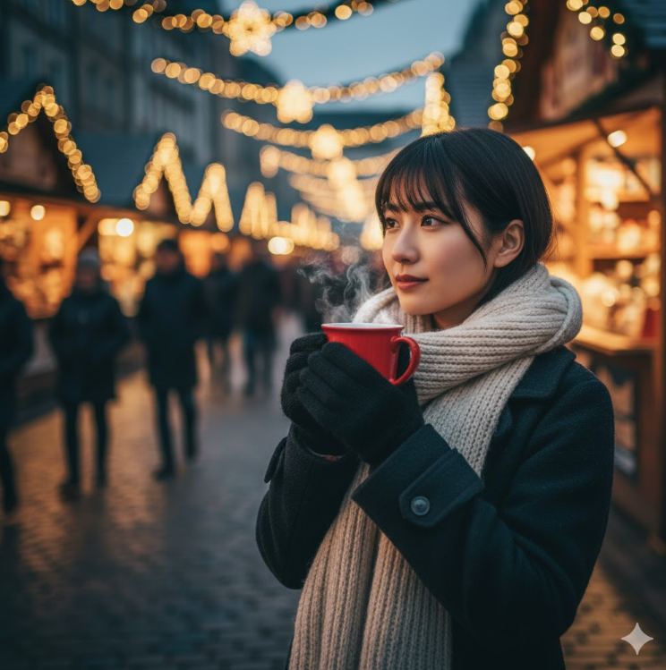 一人の日本人女性が、湯気の立つホットワインのマグカップを片手に持ち、クリスマスマーケットのイルミネーションを静かに眺めている様子。