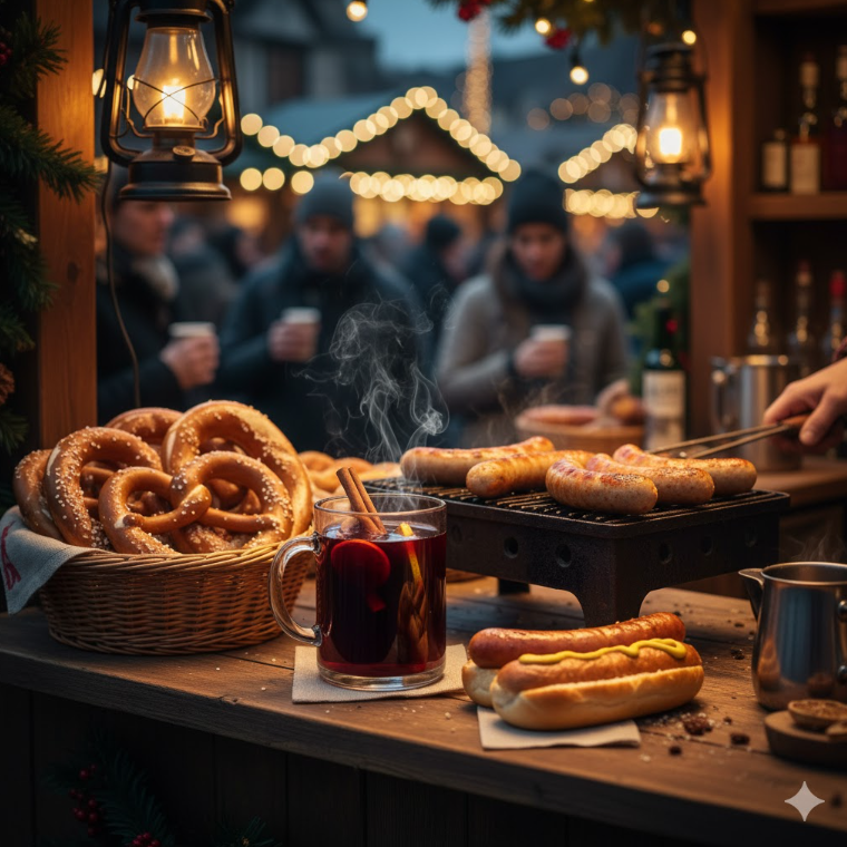 クリスマスマーケットのグルメ屋台に並ぶ、湯気の立つホットワイン、こんがり焼けたソーセージ、プレッツェルなどの温かい食べ物。