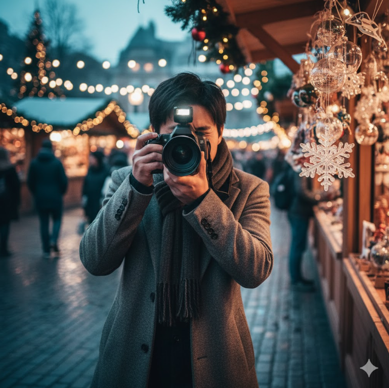 一人の日本人男性がカメラを構え、クリスマスマーケットの精巧なオーナメントやイルミネーションのディテールを真剣に撮影している様子。
