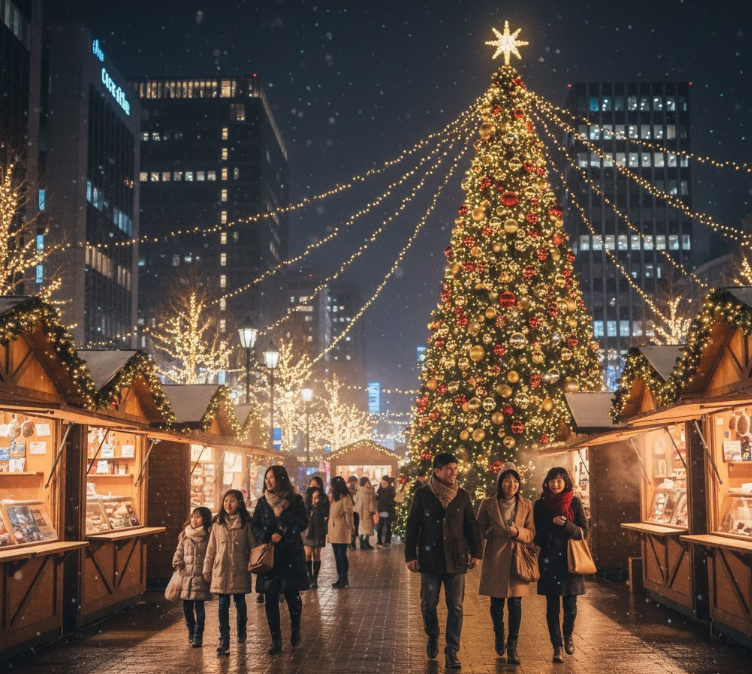 高知市の中心部で開催されるクリスマスマーケットの、暖かく華やかなイルミネーションに彩られた夜の風景。