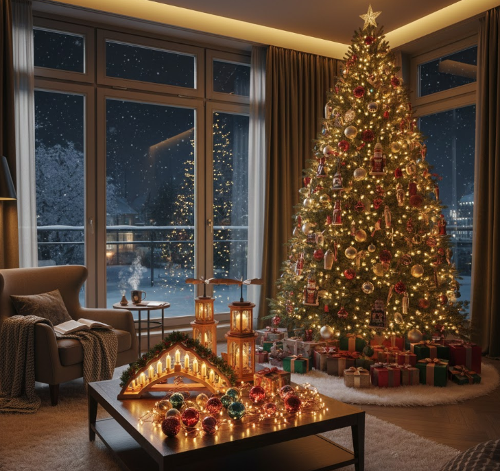 クリスマスツリーやクリスマス雑貨が飾られたお洒落な部屋