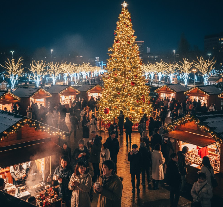 夜の仙台クリスマスマーケット。イルミネーションで輝く巨大なクリスマスツリーが中央にあり、その周りには温かい光を放つ木造のヒュッテ（屋台）が並んでいる。多くの来場者（日本人）がホットドリンクを片手に笑顔で会話しており、賑わいとクリスマスの雰囲気が伝わる。背景には光のページェントのような木々のイルミネーションが見える。