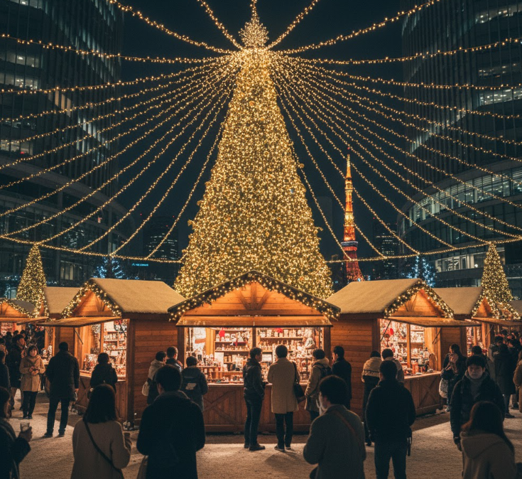 麻布台ヒルズのクリスマスマーケットの夜景。イルミネーションに照らされた巨大なクリスマスツリーと、楽しむ多くの人々。