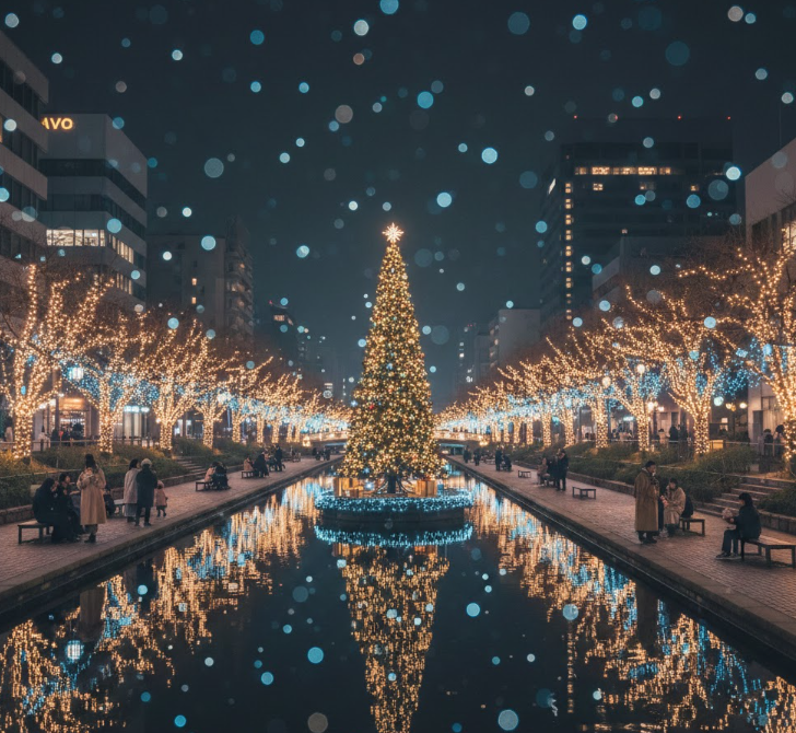 岡山の冬の夜を彩る、水面に反射する光が幻想的なクリスマスイルミネーション。中心にはきらめくクリスマスツリーがそびえ立ち、周囲には楽しむ人々が集まる。