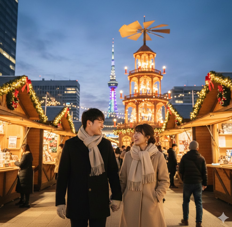 夜のクリスマスマーケットを笑顔で手をつないで歩く日本人カップル。背景には華やかな装飾の屋台が立ち並び、遠くにはテレビ塔が見える。