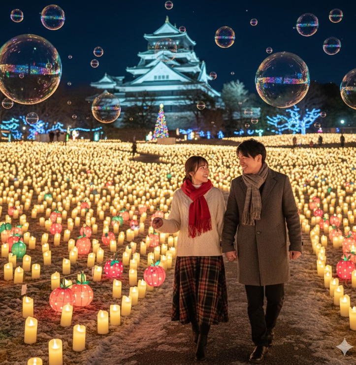 キャンドルの灯りで彩られた城山公園を散策するカップルと、ライトアップされた松山城、クリスマスツリー。