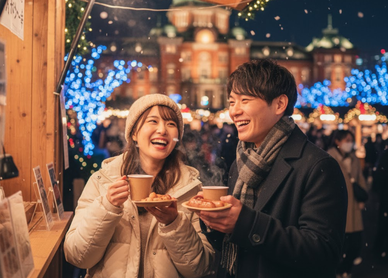 中之島クリスマスマーケットの屋台で、温かいグルメを楽しむ日本の若いカップル