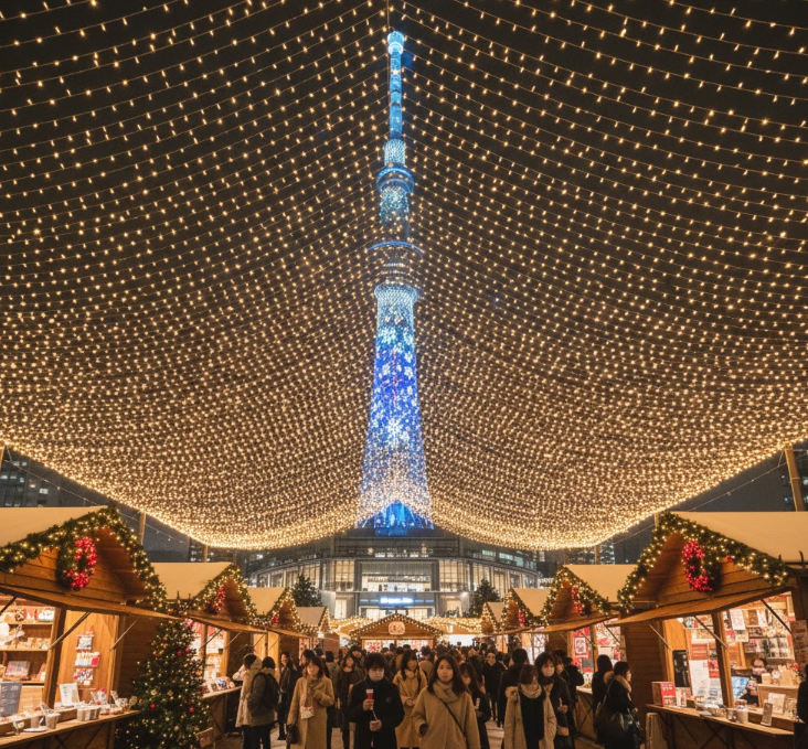 ソラマチ クリスマスマーケットの夜景。イルミネーションに彩られたヒュッテと東京スカイツリー