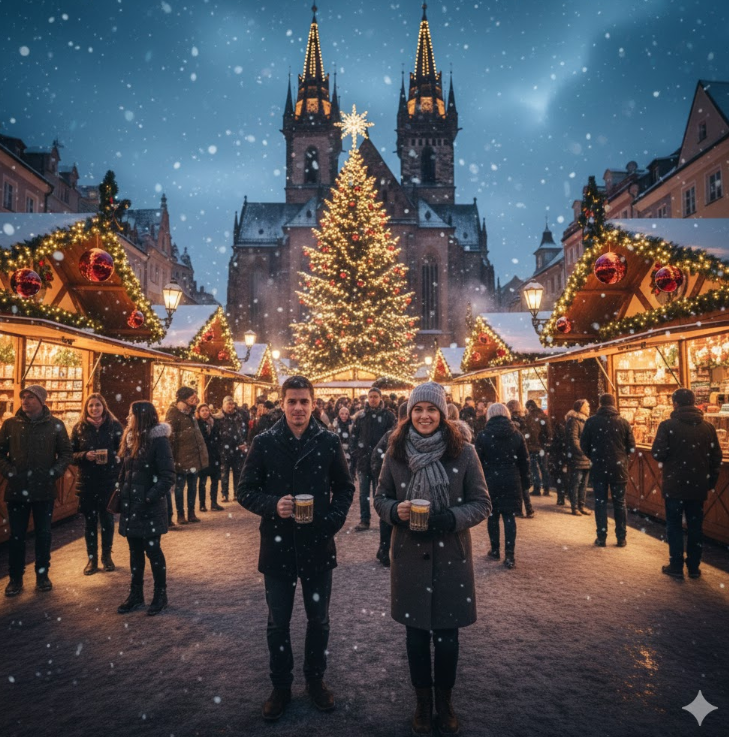 雪が降る夕暮れのドイツクリスマスマーケットで、温かいグリューワインを片手に笑顔で立つカップル。背景にはライトアップされたクリスマスツリーと歴史的建造物が広がる。
