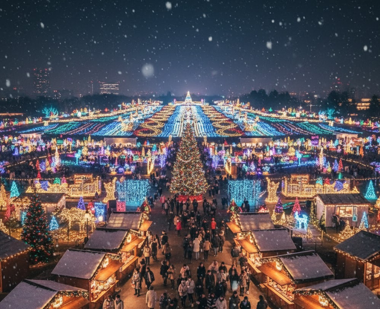東京ドイツ村のクリスマスマーケットと壮大なイルミネーションが広がる夜景