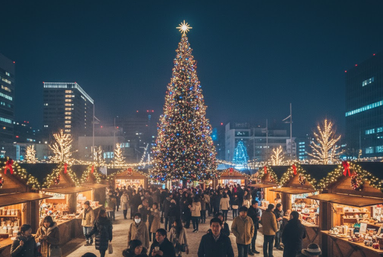 てんしばクリスマスマーケットの夜の賑わいを描いた風景。イルミネーションに照らされたヒュッテとクリスマスツリー。