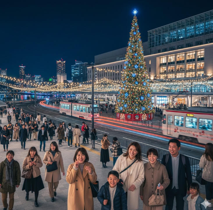 - ■ 代替テキスト(alt): 　　- 家族やカップル、友人たちが賑わう広島駅前のクリスマスイルミネーション。巨大なシンボルツリーと路面電車が光り輝く夜景。