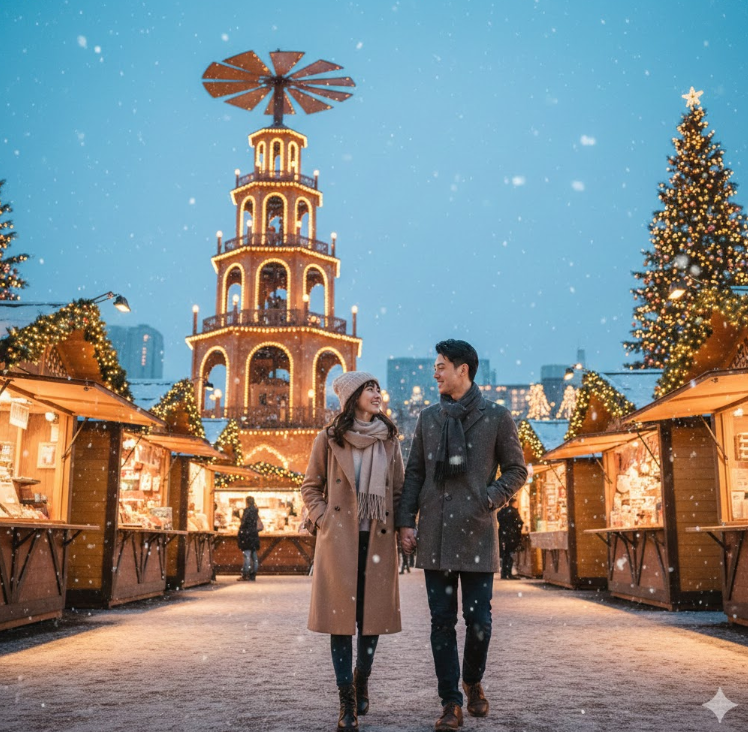 雪が降る東京のクリスマスマーケットで手をつないで歩く幸せそうなカップル。背景にはクリスマスピラミッドとクリスマスツリーが輝いている。