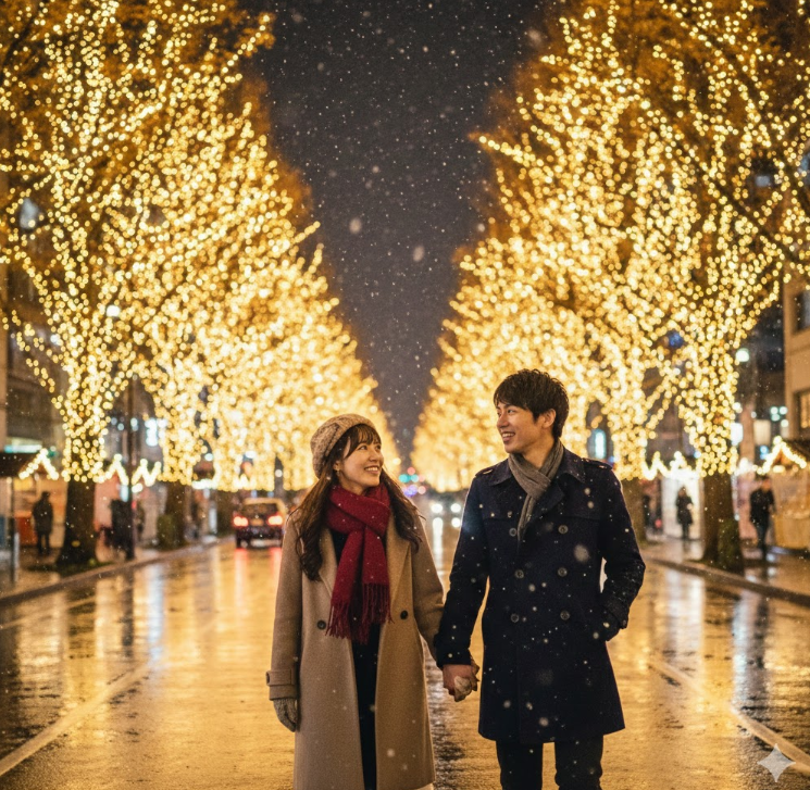 雪が降る夜、光り輝く仙台の定禅寺通りのイルミネーションの中、手をつないで笑顔で歩く日本のカップル。