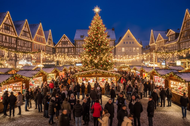 ドイツのクリスマスマーケットの全景。イルミネーションに照らされた屋台と大きなクリスマスツリーで賑わう夜の風景。