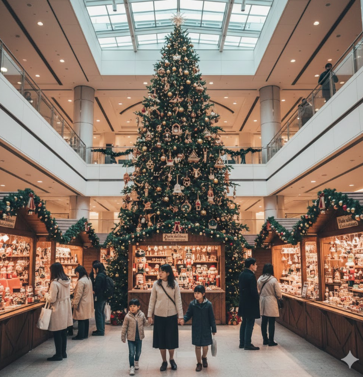 ミッドランドスクエアのアトリウムで、大きなクリスマスツリーとケーテ・ウォルファルトのクリスマスグッズ売り場を楽しむ家族連れ