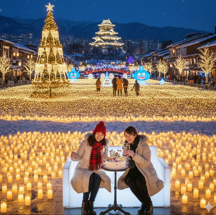 岐阜のクリスマスイベントを楽しむ女性2人。華やかなイルミネーションの中で、幸せそうな笑顔が輝いている。