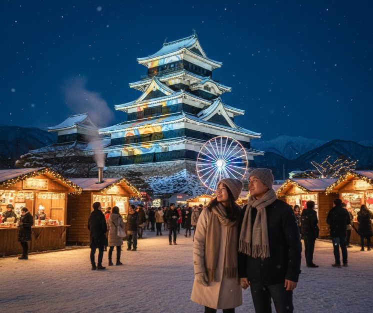 雪が降る夜、ライトアップされた松本城を背景に、クリスマスマーケットを楽しむ若いカップル。城にはプロジェクションマッピングが映し出され、幻想的な雰囲気が漂う。