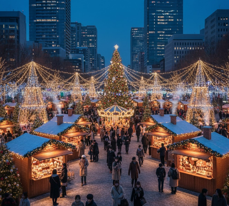 2025年のクリスマスマーケット福岡の全体像を示す、イルミネーションとヒュッテ（小屋）で賑わう会場の風景。