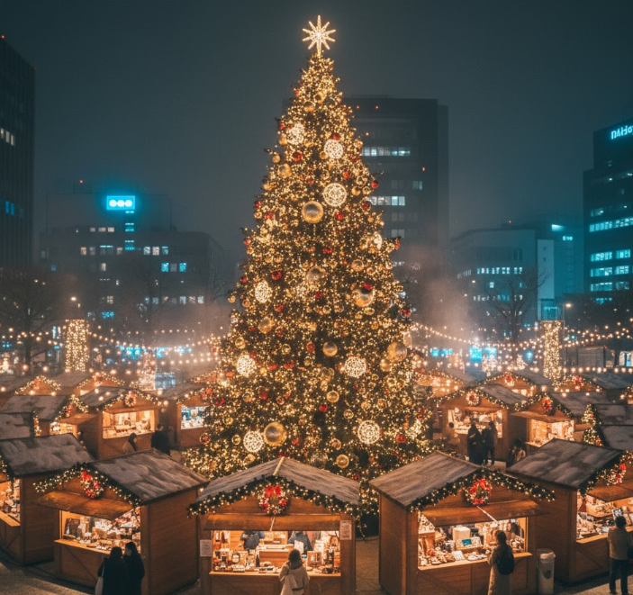 名古屋クリスマスマーケットの夜景。イルミネーションに照らされた巨大なクリスマスツリーと木製の屋台