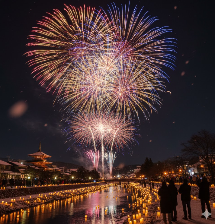 冬の澄んだ夜空に打ち上げられる、色鮮やかなクリスマス花火。川沿いには無数のキャンドルが灯り、花火の光と相まって幻想的な景色を作り出す。