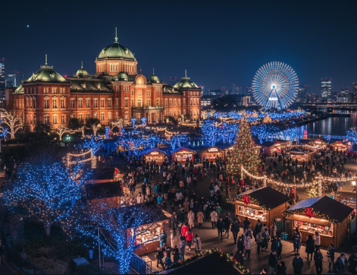 中之島クリスマスマーケットの全体的な夜景。ライトアップされた大阪市中央公会堂とイルミネーションで彩られた公園。
