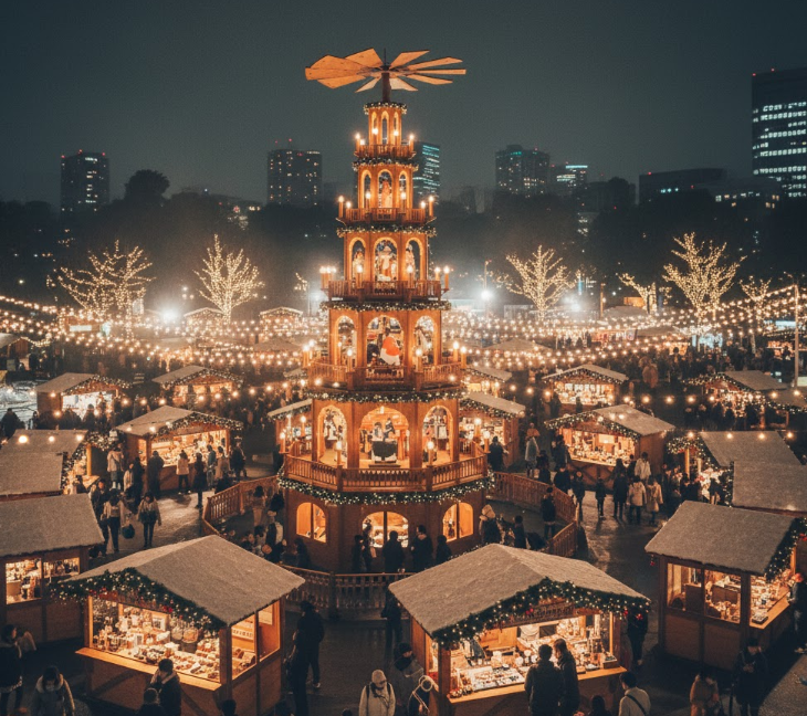夜間にライトアップされた神宮外苑クリスマスマーケットの全景。中央に象徴的な14mのクリスマスピラミッドが輝き、周囲に木製の屋台と楽しむ人々が集まっている様子。