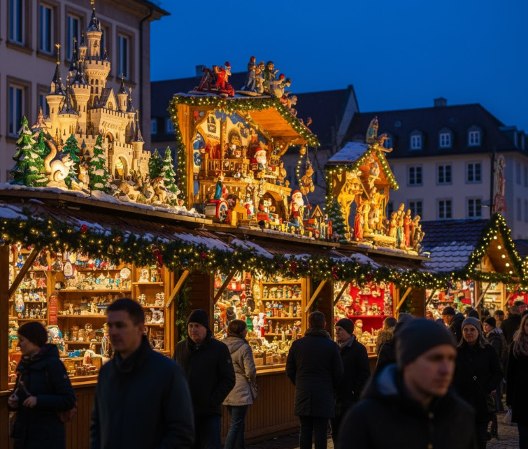 シュトゥットガルトのクリスマスマーケット名物である、精巧なフィギュアやイルミネーションで豪華に装飾された屋台の屋根。