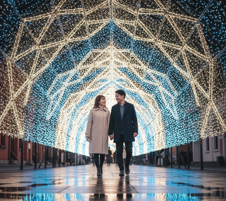 光り輝くイルミネーションのトンネルを、手をつないで歩く幸せそうなカップル。ロマンチックな光の演出が、二人の特別な夜を彩る。