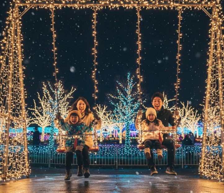 イルミネーションで飾られたブランコで、楽しそうに遊ぶ家族。子供たちは満面の笑みでブランコを漕ぎ、周囲の光が温かい家族の時間を演出する。